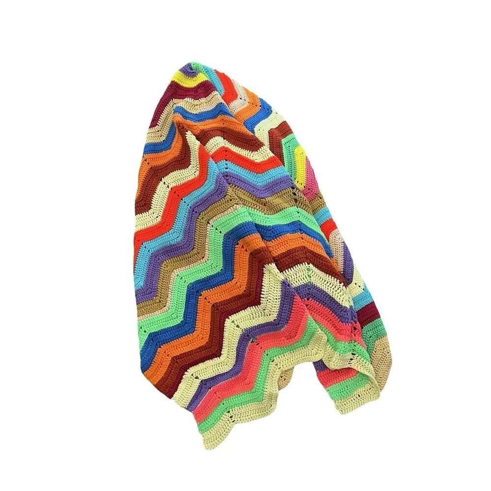 Handmade Crochet Chevron Afghan Blanket Multicolor Rainbow Boho Retro 69x49